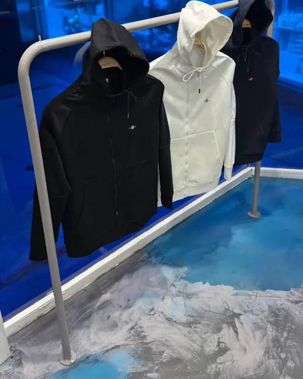 Zip hoodies in black, white and navy